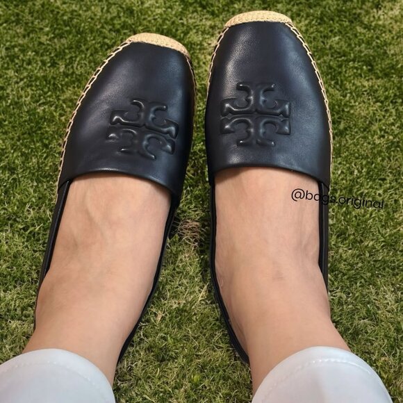 TORY BURCH EVERLY BLACK LEATHER ESPADRILLE NEVADA RETRO NAPPA SIZE: 6.5 - Picture 1 of 16